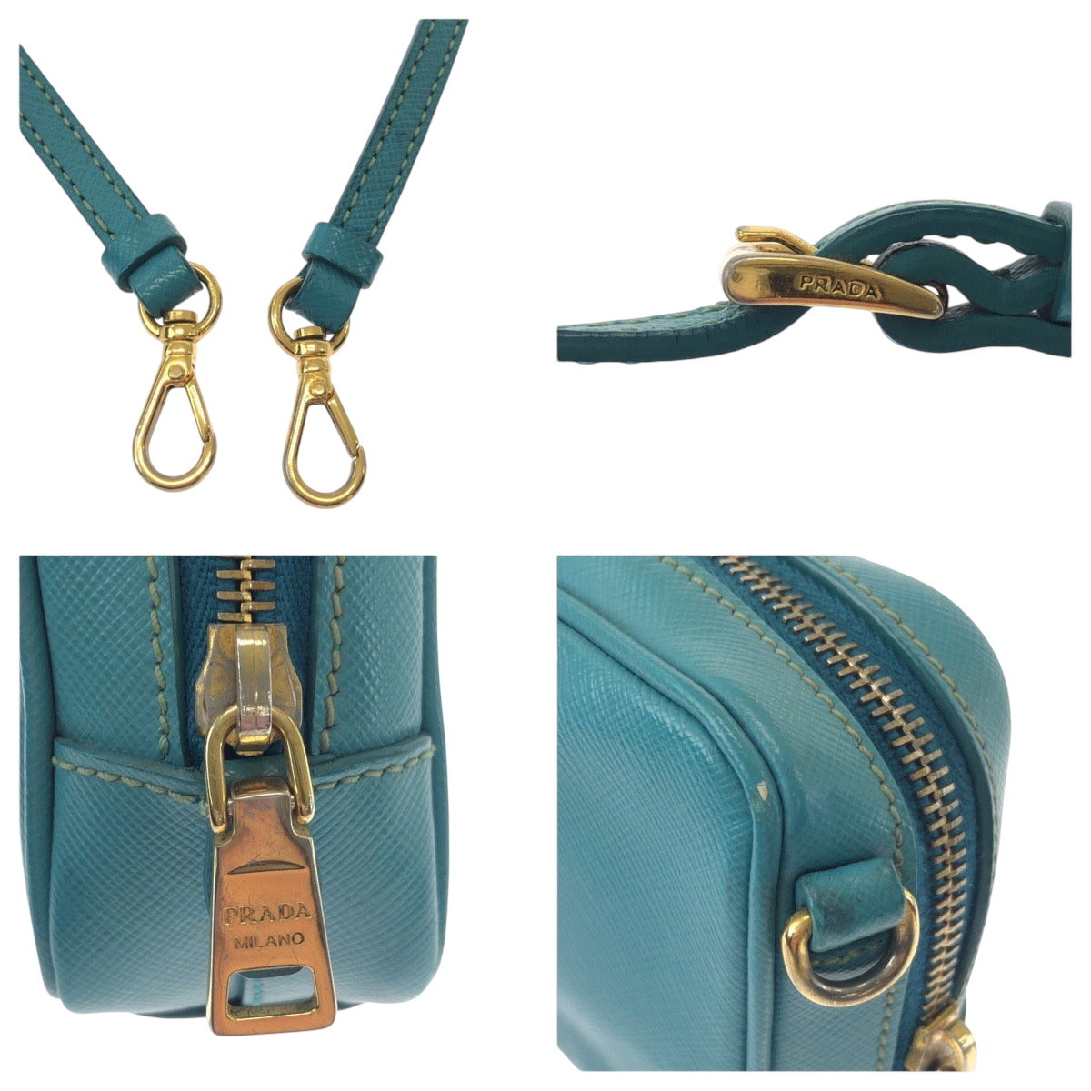 PRADA Shoulder Bag leather Blue GoldMetal Safiano Triangle With logo