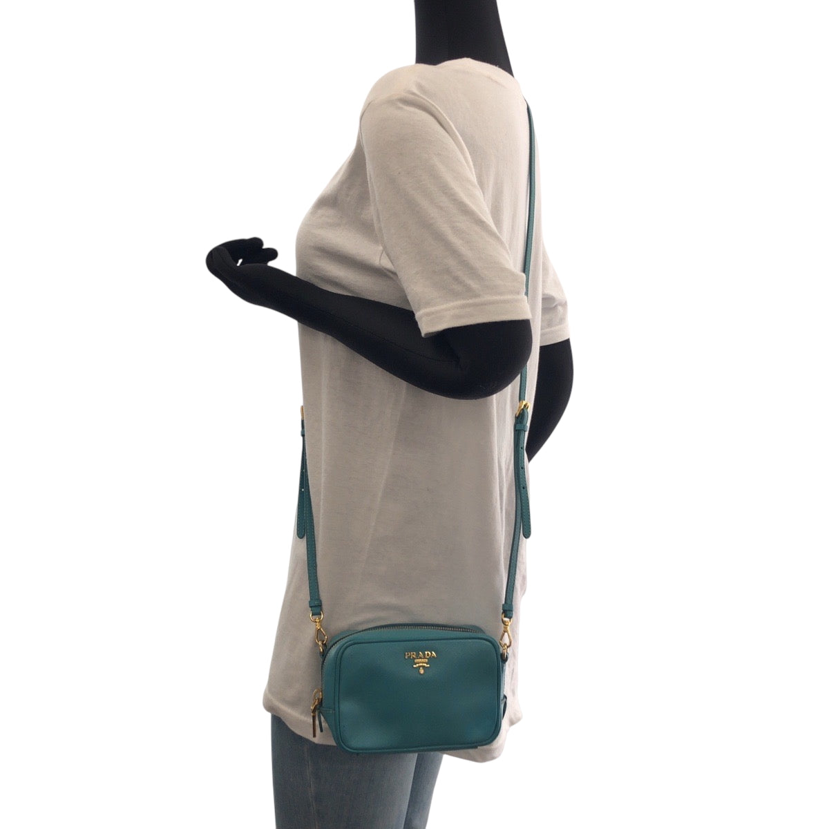PRADA Shoulder Bag leather Blue GoldMetal Safiano Triangle With logo