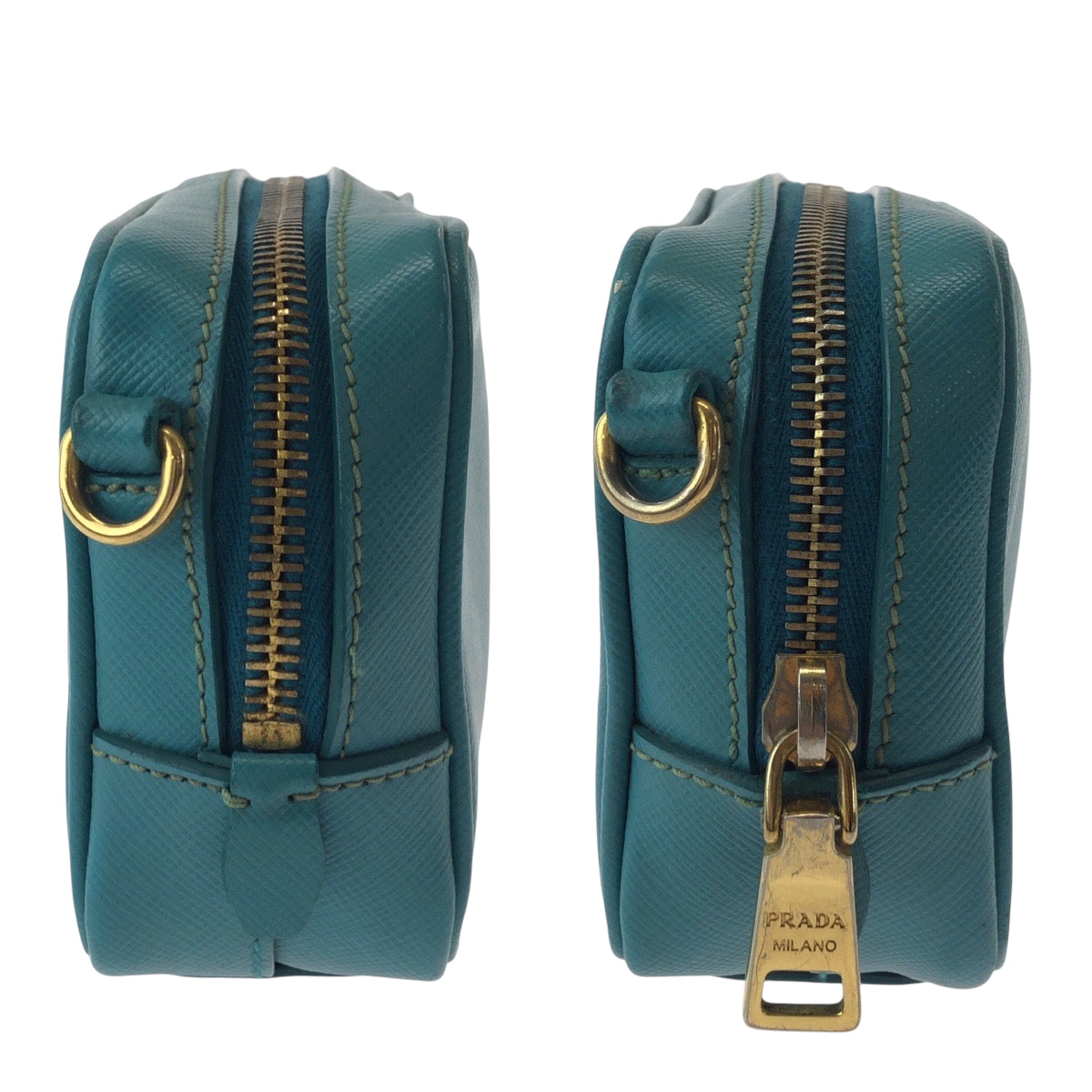 PRADA Shoulder Bag leather Blue GoldMetal Safiano Triangle With logo