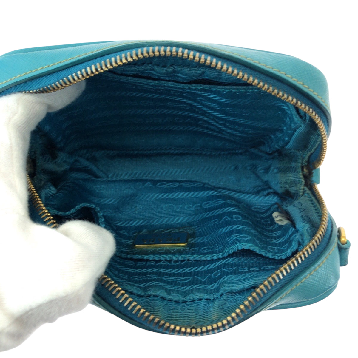 PRADA Shoulder Bag leather Blue GoldMetal Safiano Triangle With logo