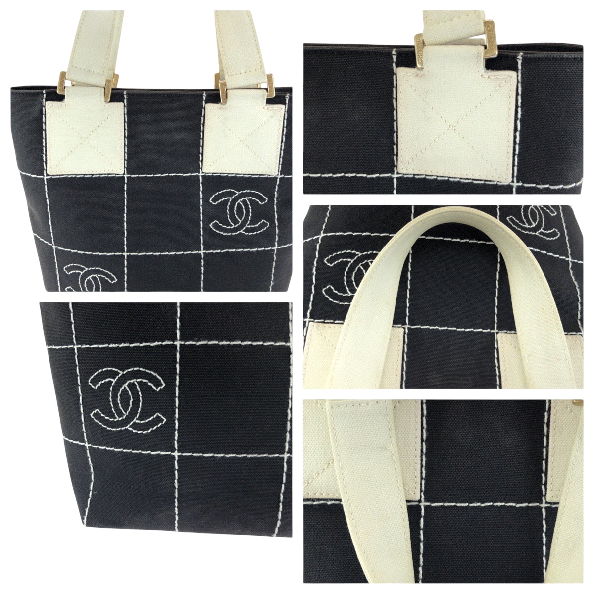 CHANEL Tote Bag canvas Black GoldMetal Wild Stitch Chocolate Bar COCO Mark
