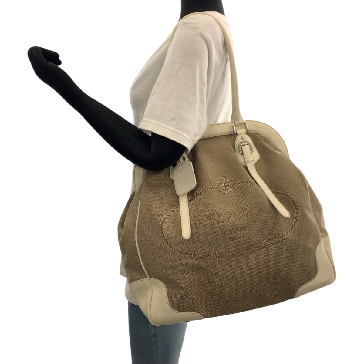PRADA Handbag canvas Brown Logo jacquard