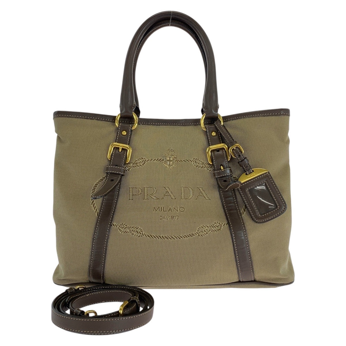 PRADA Tote Bag canvas Khaki Brown Gold Metal Logo jacquard Triangle With logo