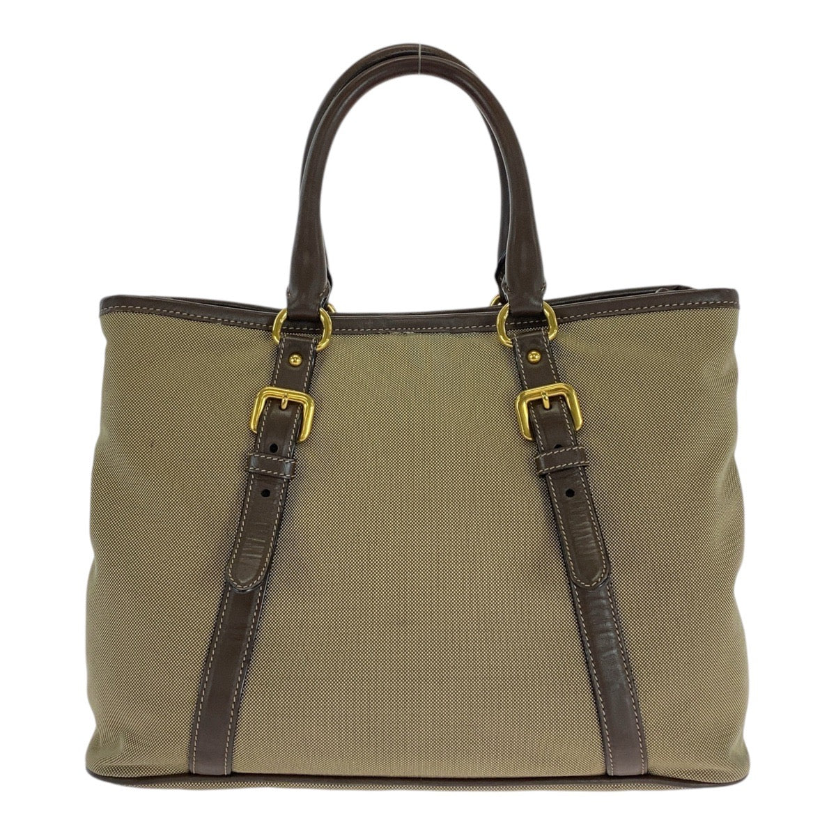 PRADA Tote Bag canvas Khaki Brown Gold Metal Logo jacquard Triangle With logo