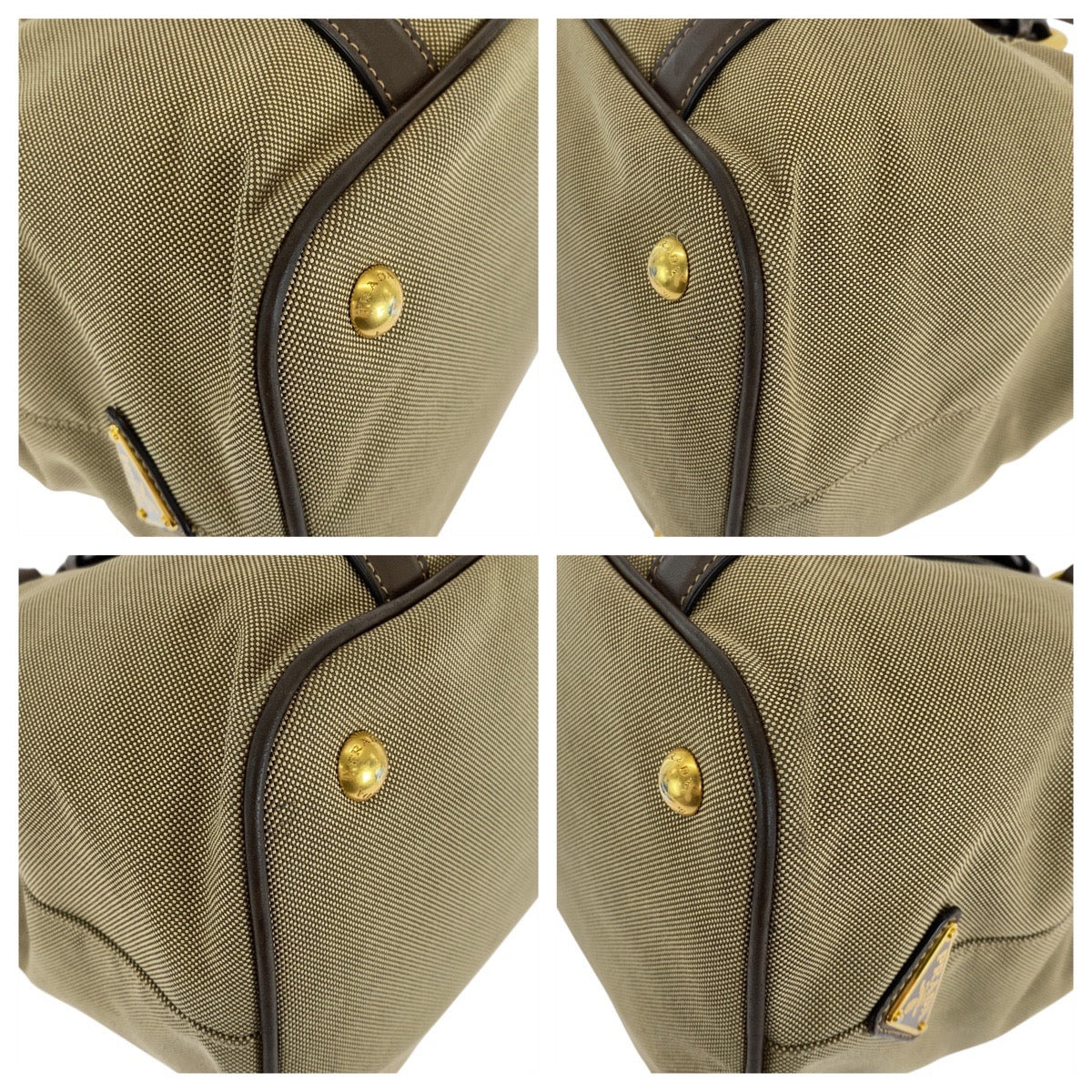 PRADA Tote Bag canvas Khaki Brown Gold Metal Logo jacquard Triangle With logo