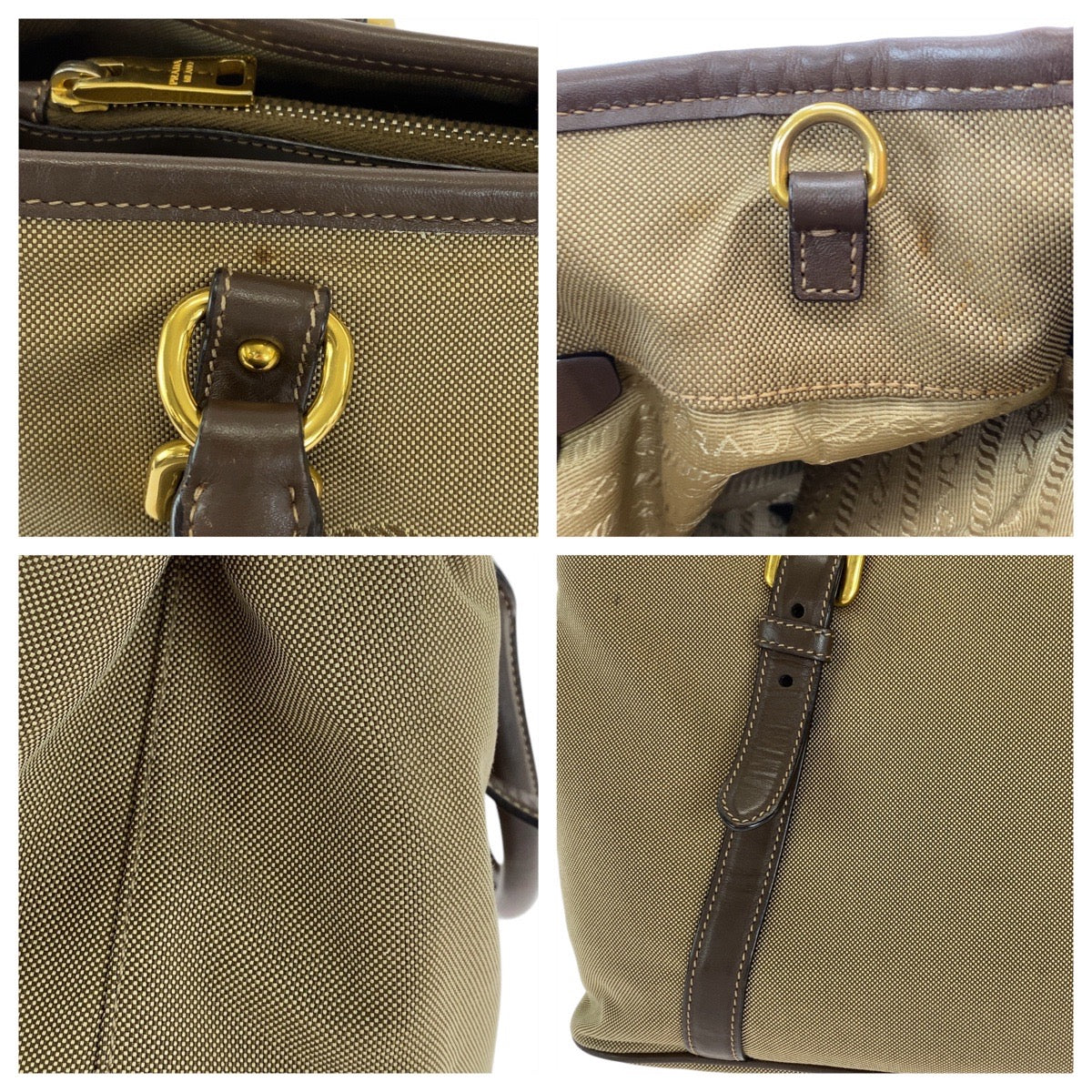 PRADA Tote Bag canvas Khaki Brown Gold Metal Logo jacquard Triangle With logo