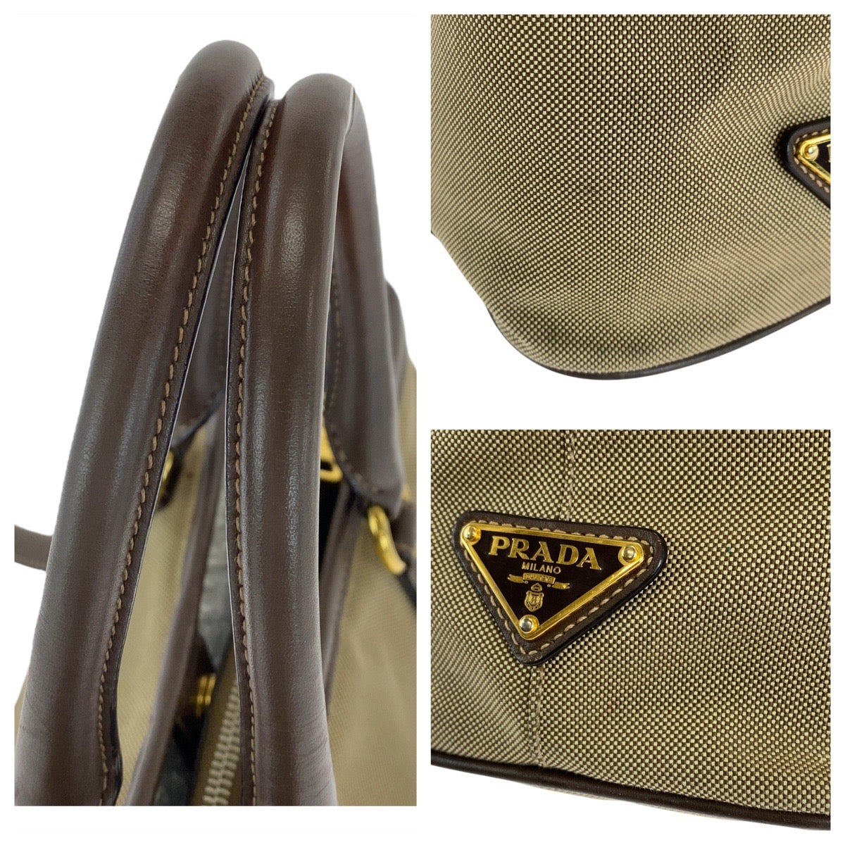 PRADA Tote Bag canvas Khaki Brown Gold Metal Logo jacquard Triangle With logo