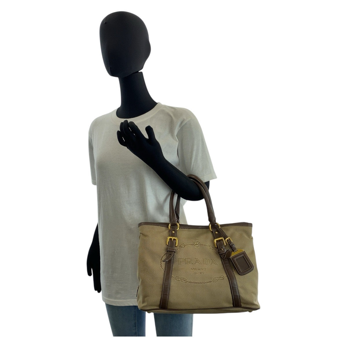 PRADA Tote Bag canvas Khaki Brown Gold Metal Logo jacquard Triangle With logo