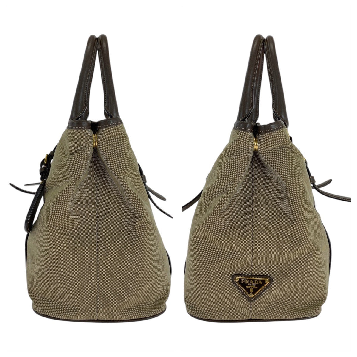 PRADA Tote Bag canvas Khaki Brown Gold Metal Logo jacquard Triangle With logo