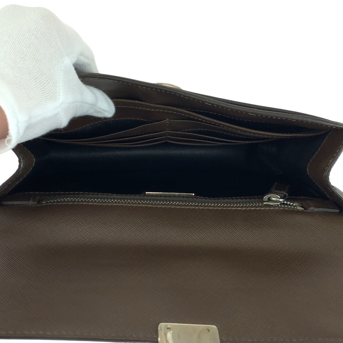 PRADA Clutch bag leather Brown Silver Metal Safiano Triangle With logo
