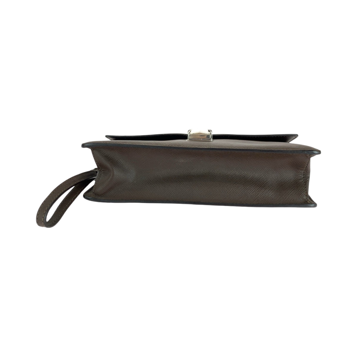 PRADA Clutch bag leather Brown Silver Metal Safiano Triangle With logo