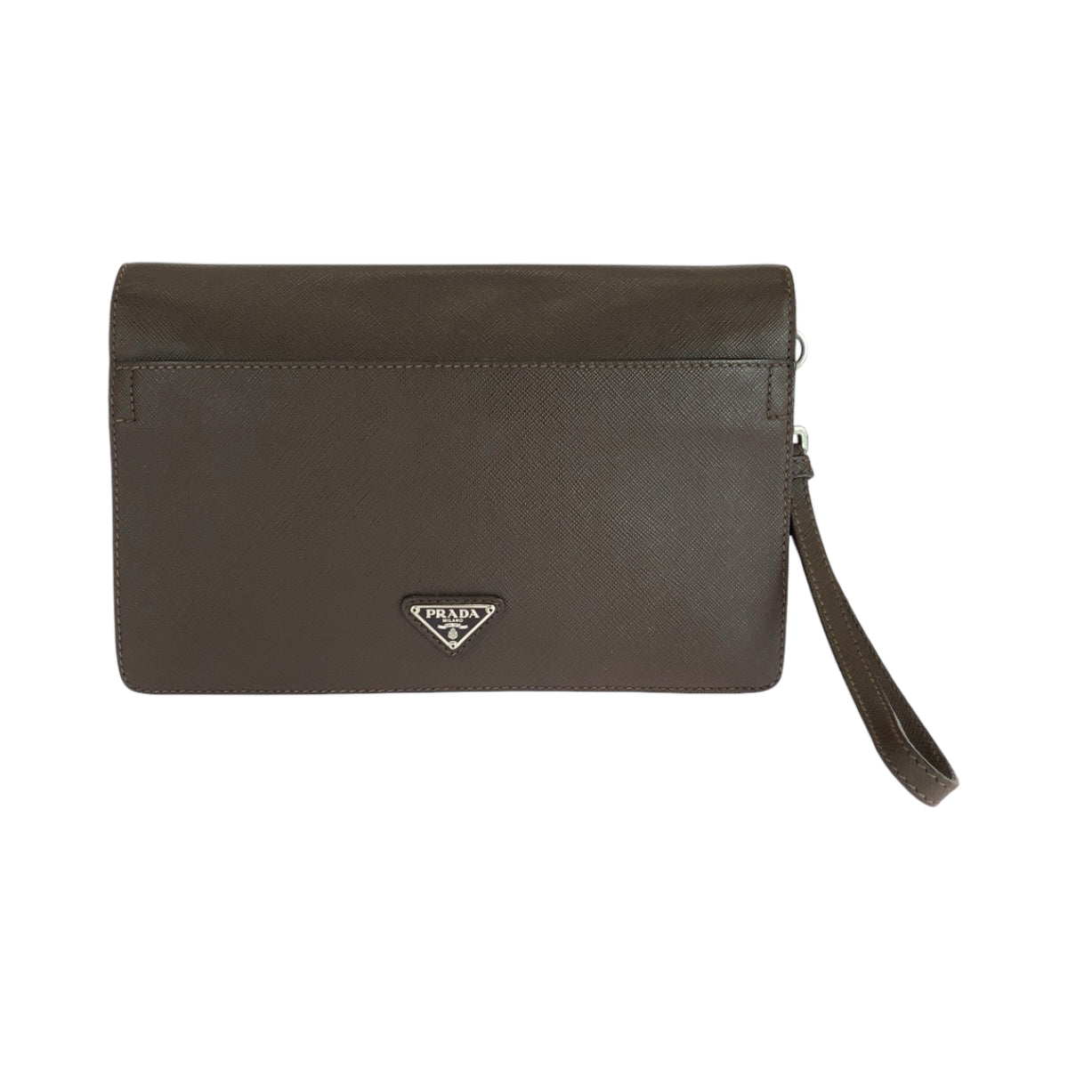 PRADA Clutch bag leather Brown Silver Metal Safiano Triangle With logo