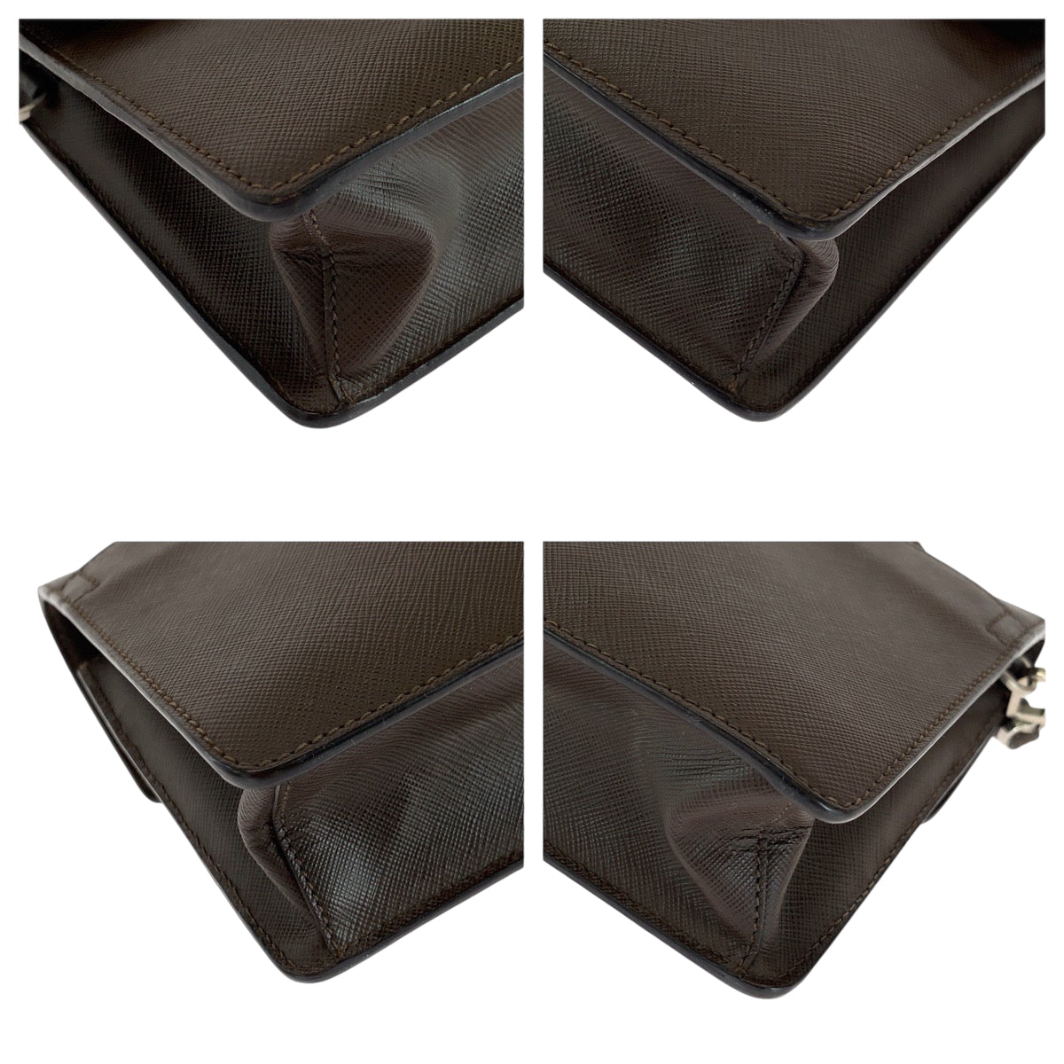 PRADA Clutch bag leather Brown Silver Metal Safiano Triangle With logo