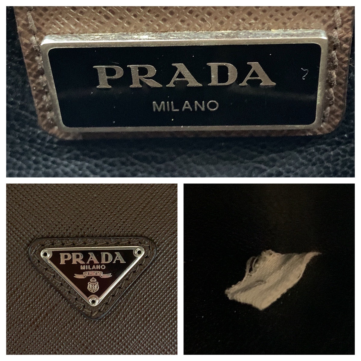PRADA Clutch bag leather Brown Silver Metal Safiano Triangle With logo