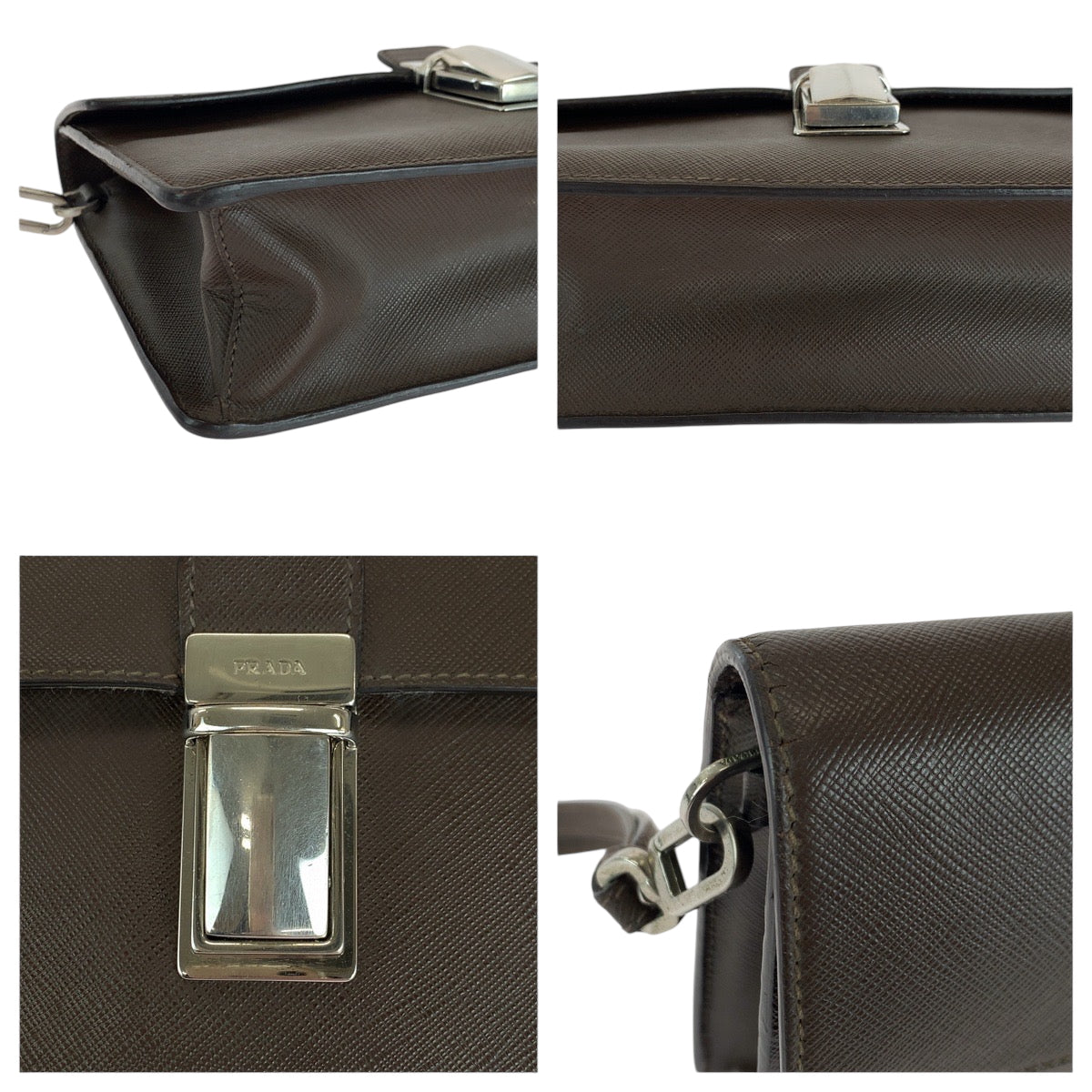PRADA Clutch bag leather Brown Silver Metal Safiano Triangle With logo