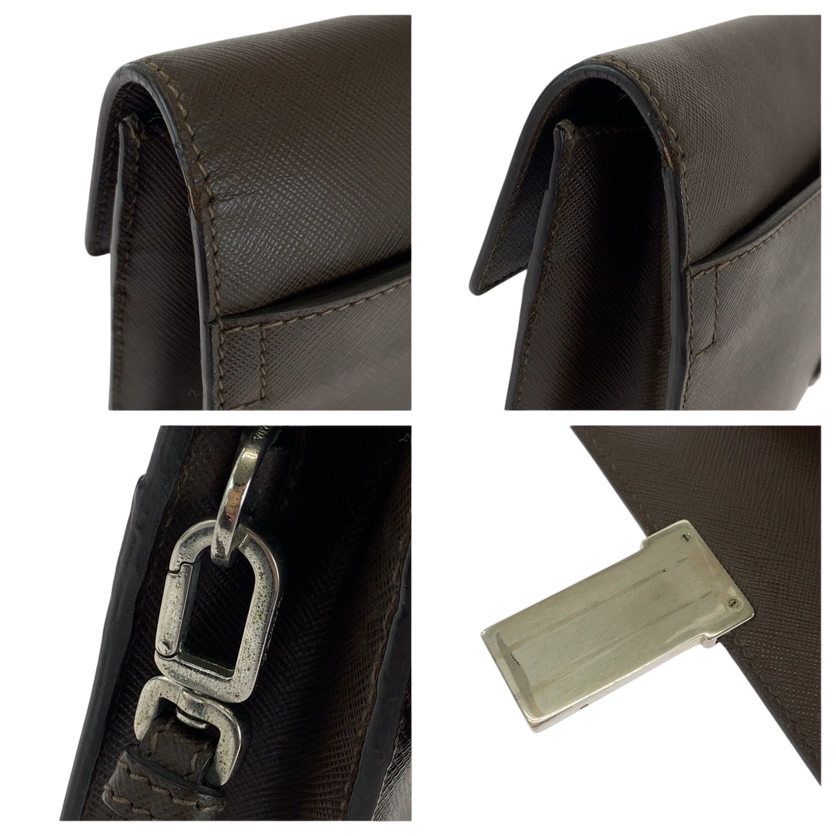 PRADA Clutch bag leather Brown Silver Metal Safiano Triangle With logo