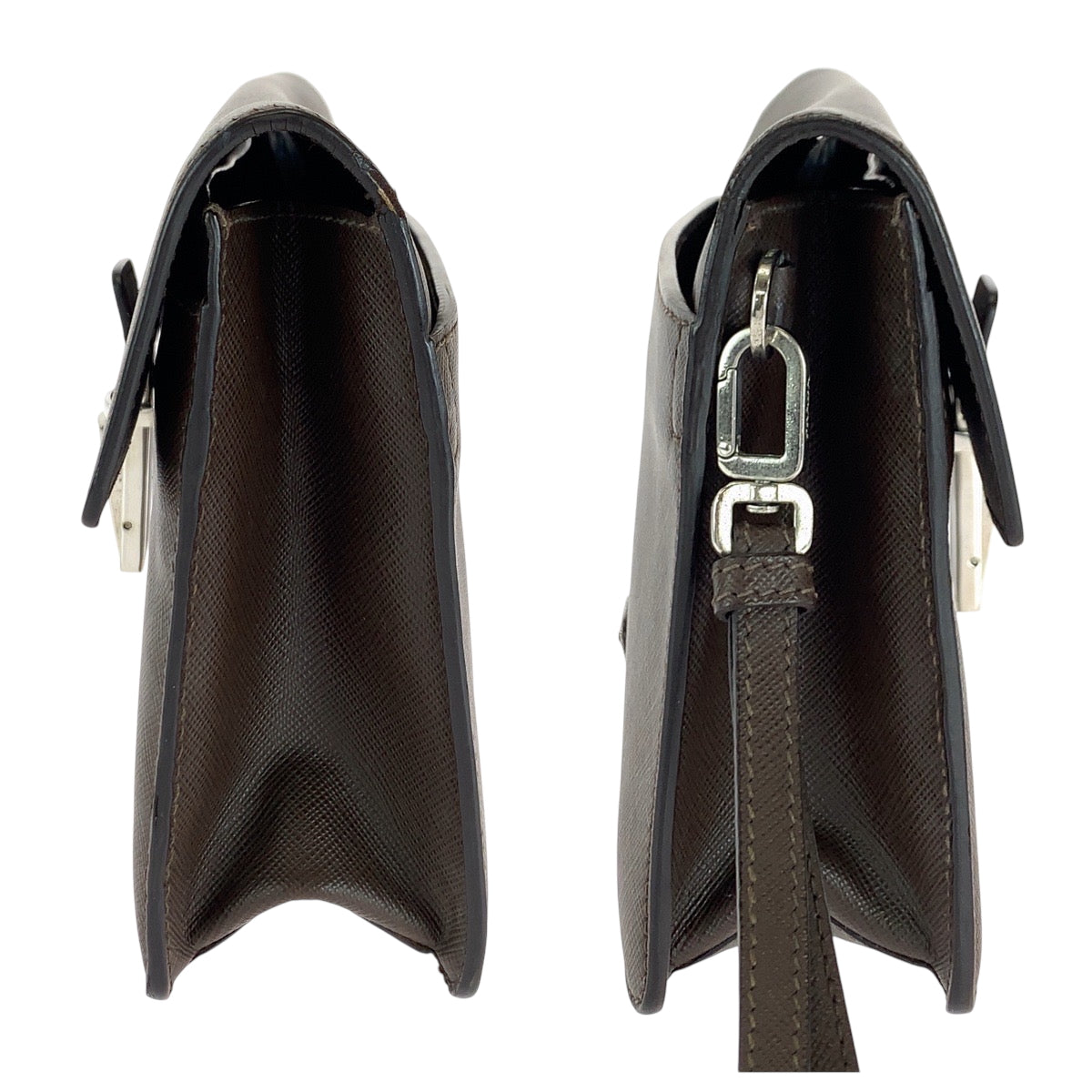 PRADA Clutch bag leather Brown Silver Metal Safiano Triangle With logo