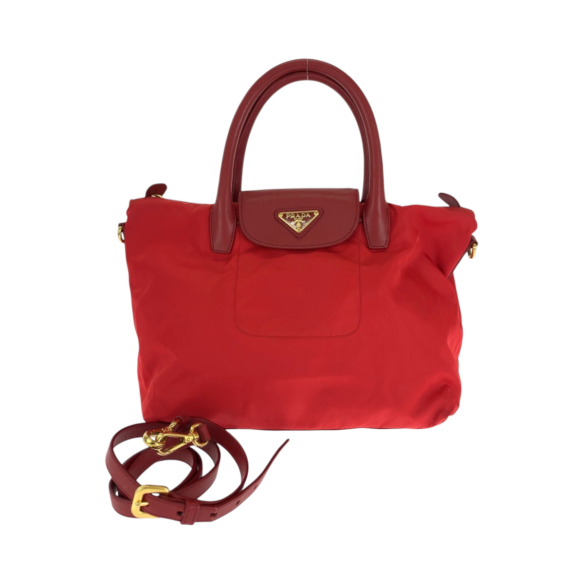 PRADA Tote Bag BN2106 Nylon Red Gold Metal Test Triangle With logo
