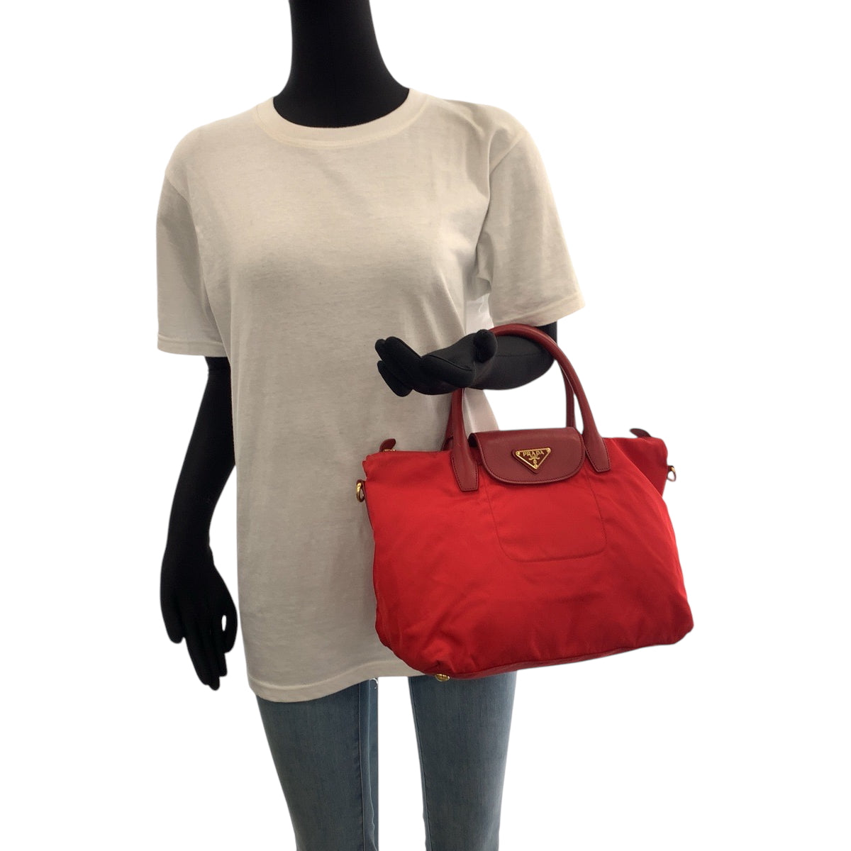 PRADA Tote Bag BN2106 Nylon Red Gold Metal Test Triangle With logo