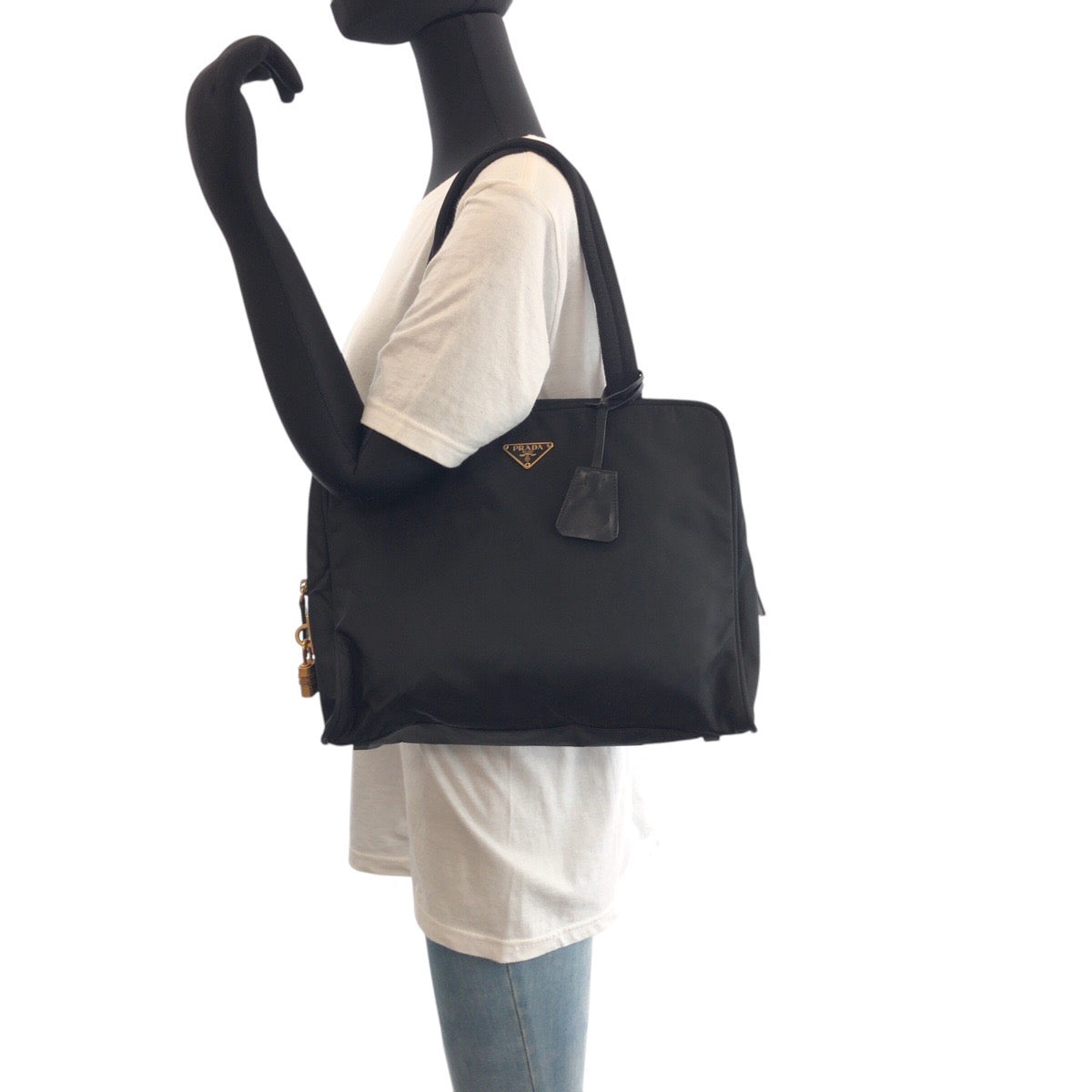 PRADA Tote Bag Nylon Black GoldMetal Test Triangle With logo