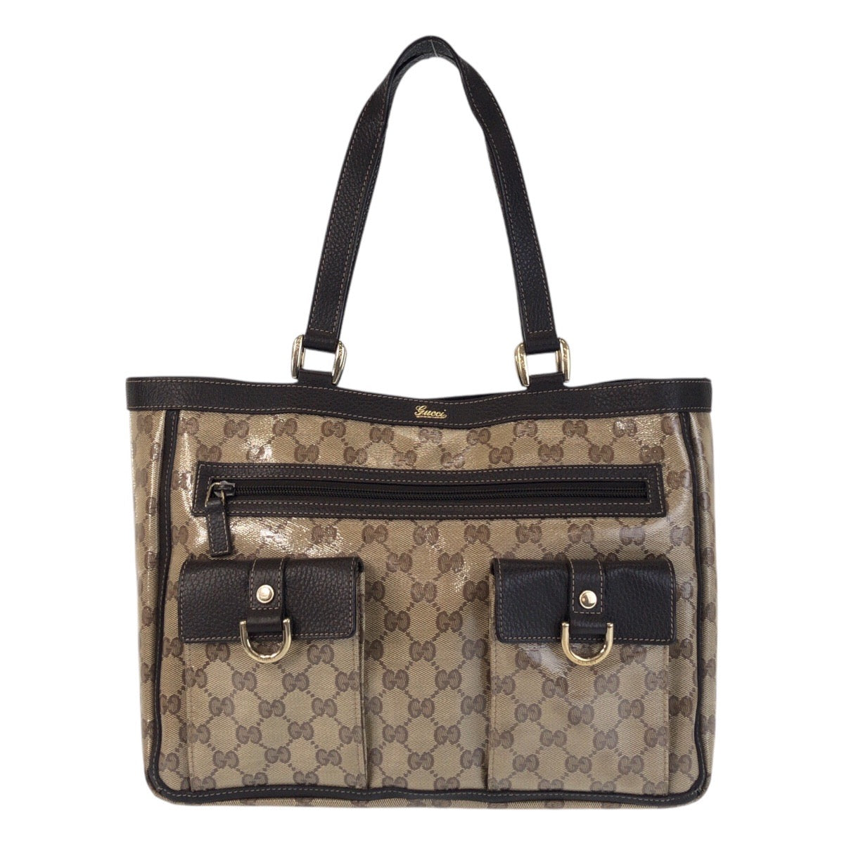 GUCCI Tote Bag 268639 Coated canvas Beige Brown Gold Metal GG crystal