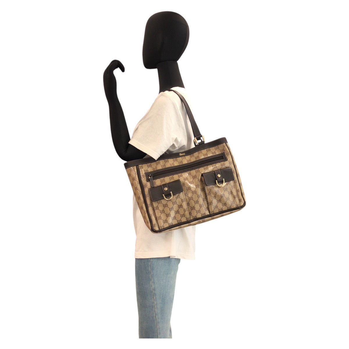 GUCCI Tote Bag 268639 Coated canvas Beige Brown Gold Metal GG crystal