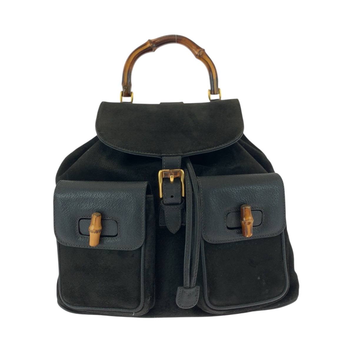 GUCCI Backpack 003 2058 0016 Suede Black Brown Gold Metal Bamboo