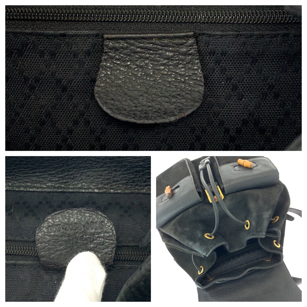 GUCCI Backpack 003 2058 0016 Suede Black Brown Gold Metal Bamboo
