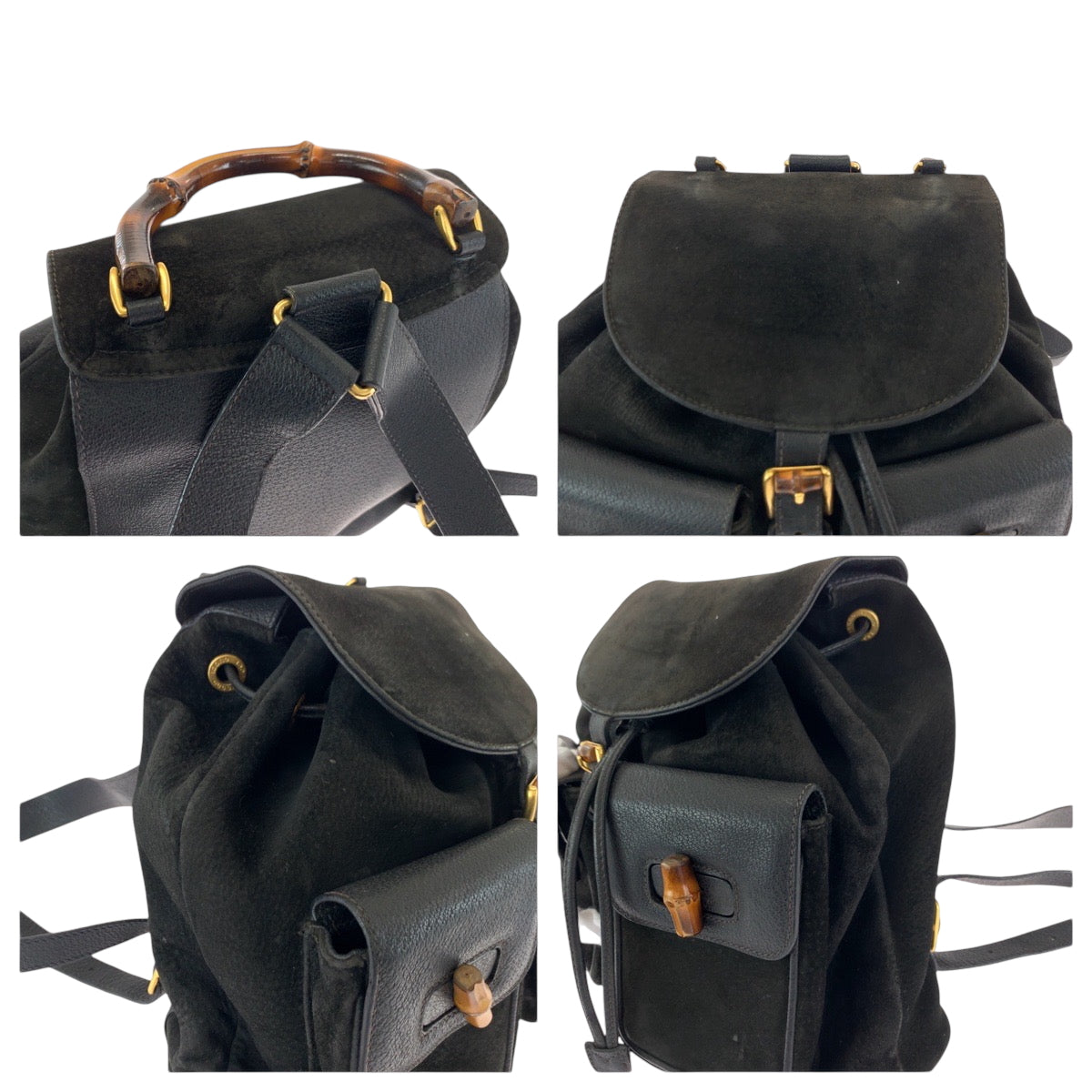 GUCCI Backpack 003 2058 0016 Suede Black Brown Gold Metal Bamboo