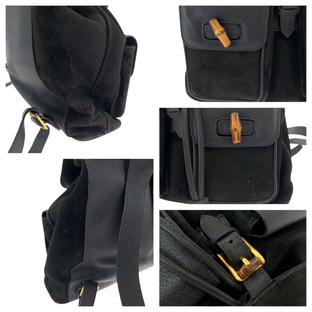 GUCCI Backpack 003 2058 0016 Suede Black Brown Gold Metal Bamboo