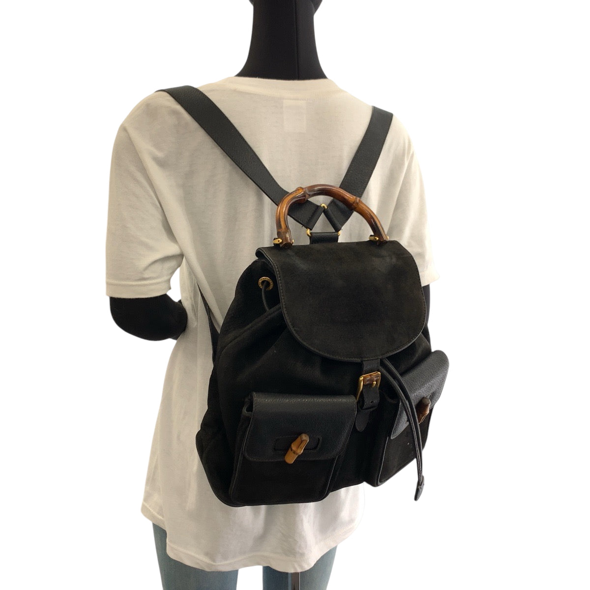 GUCCI Backpack 003 2058 0016 Suede Black Brown Gold Metal Bamboo
