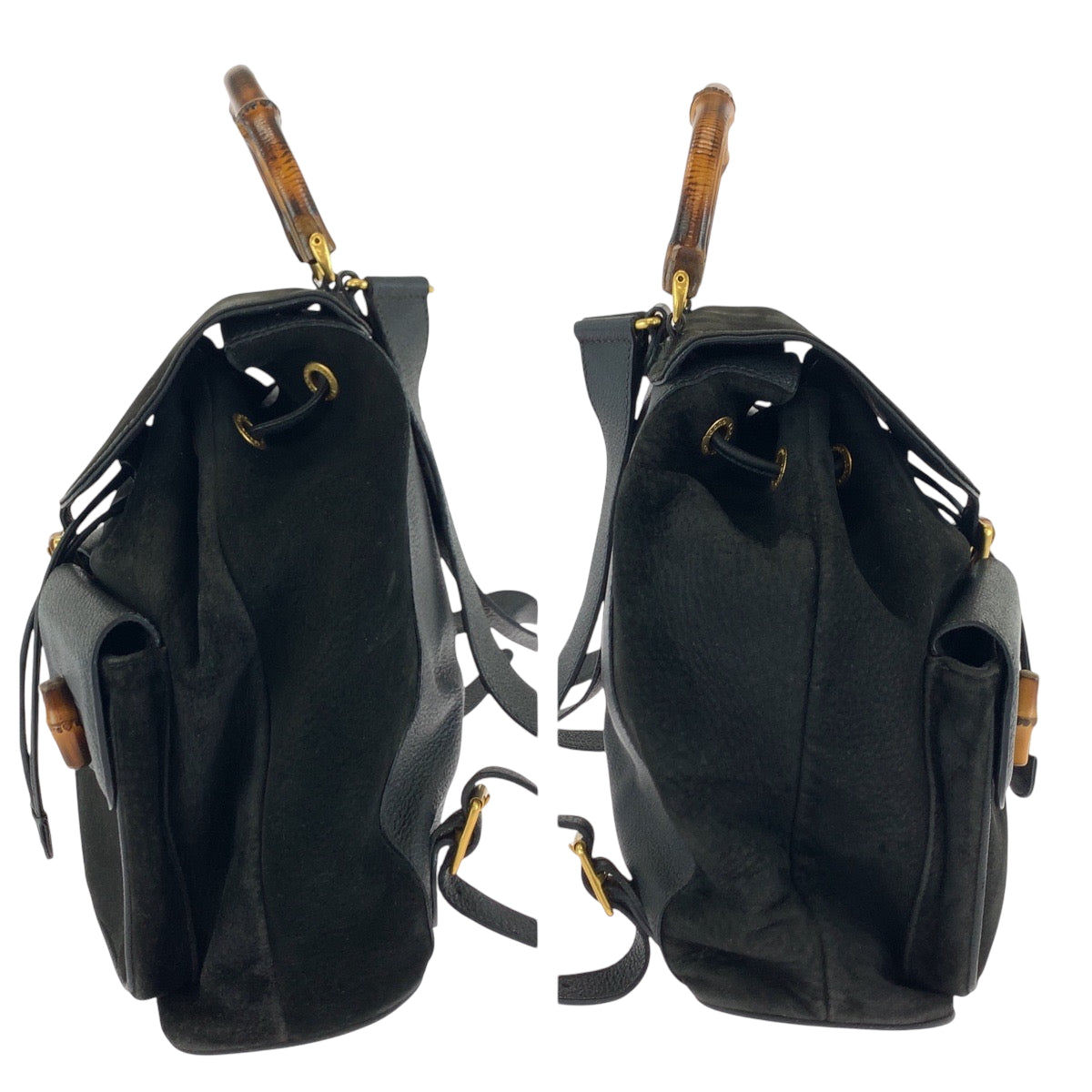 GUCCI Backpack 003 2058 0016 Suede Black Brown Gold Metal Bamboo
