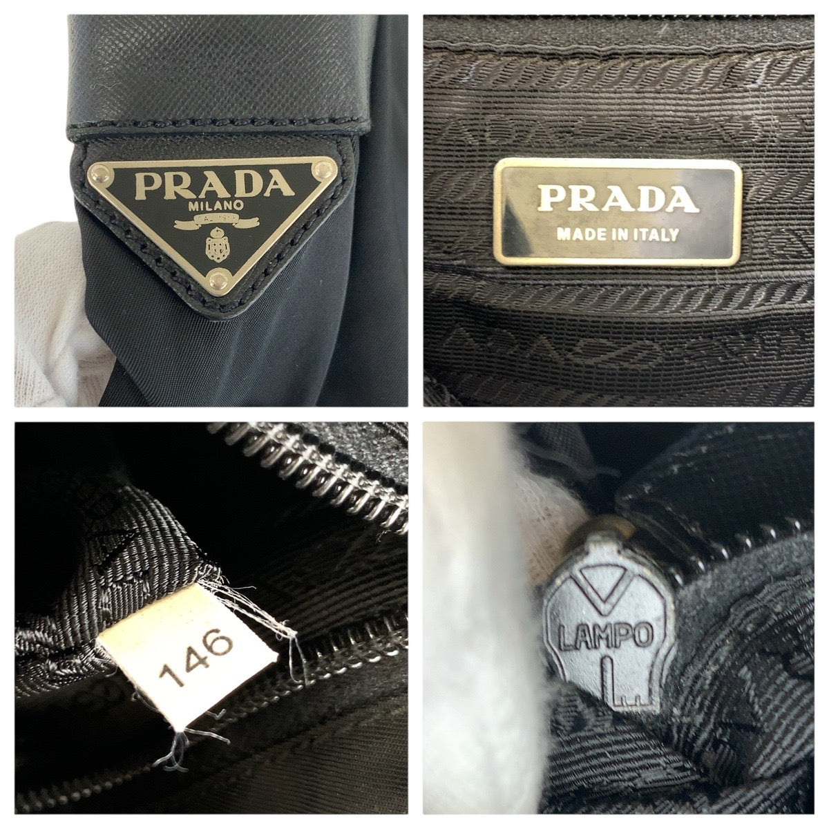 PRADA Shoulder Bag Nylon Black SilverMetal Testo Saffiano Triangle With logo