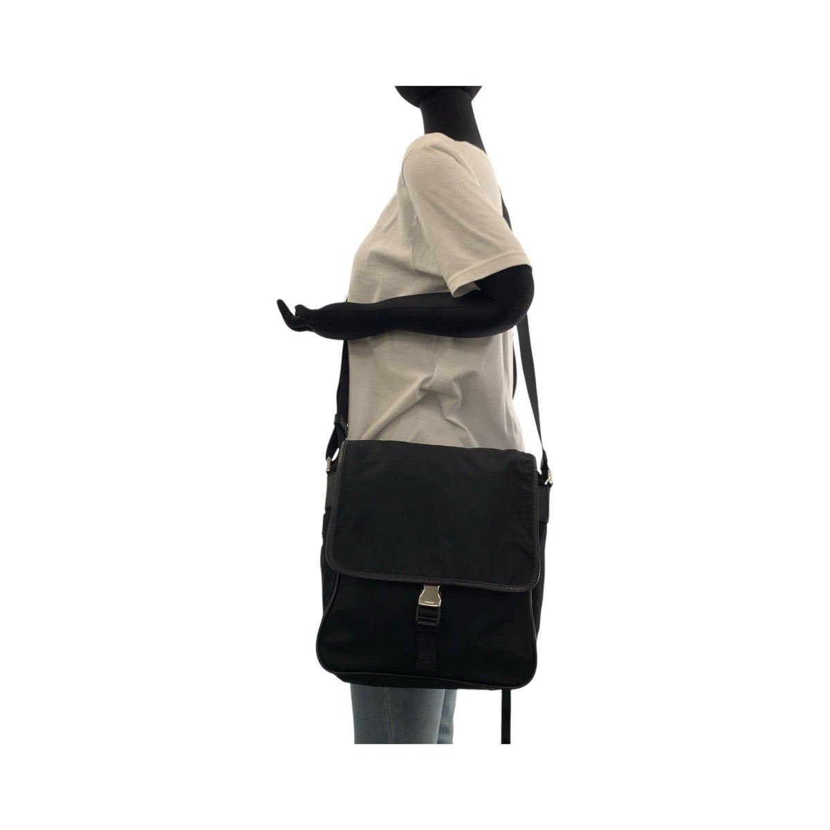 PRADA Shoulder Bag Nylon Black SilverMetal Testo Saffiano Triangle With logo