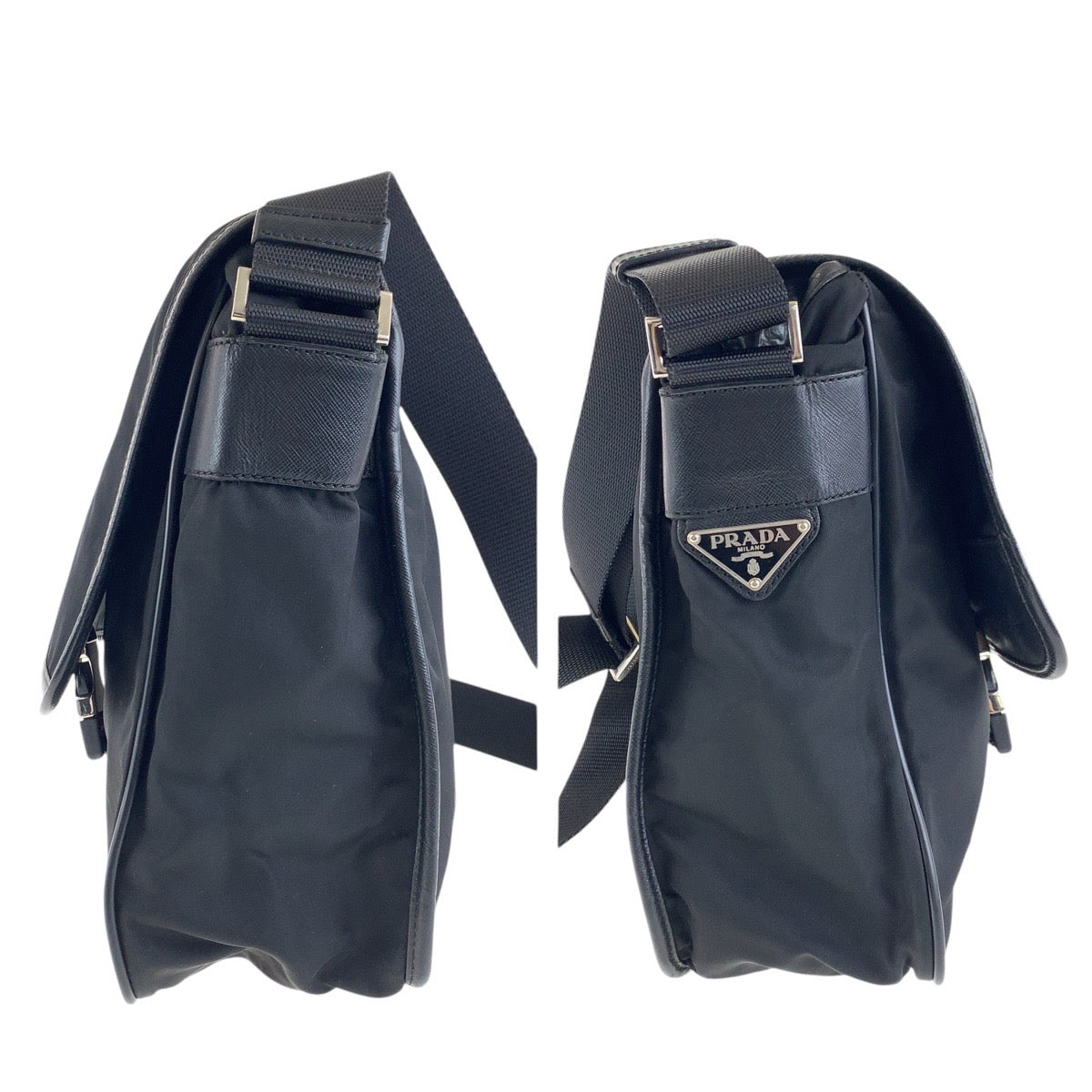 PRADA Shoulder Bag Nylon Black SilverMetal Testo Saffiano Triangle With logo