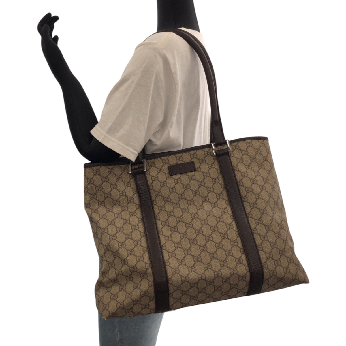 GUCCI Tote Bag 415288 GG Supreme Canvas Beige Dark Brown SilverMetal