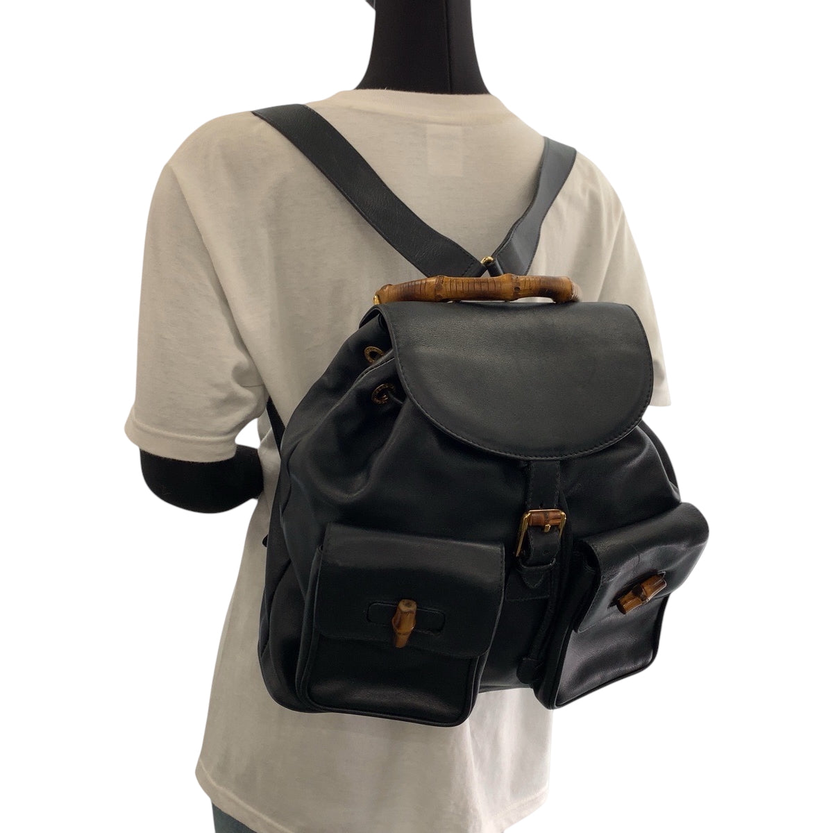 GUCCI Backpack 003 2058 0016 leather Black Brown Gold Metal Bamboo