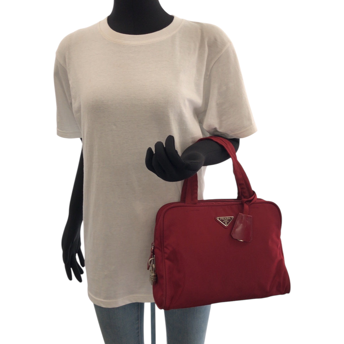 PRADA Tote Bag B8495 Nylon Red Silver Metal Test Triangle With logo