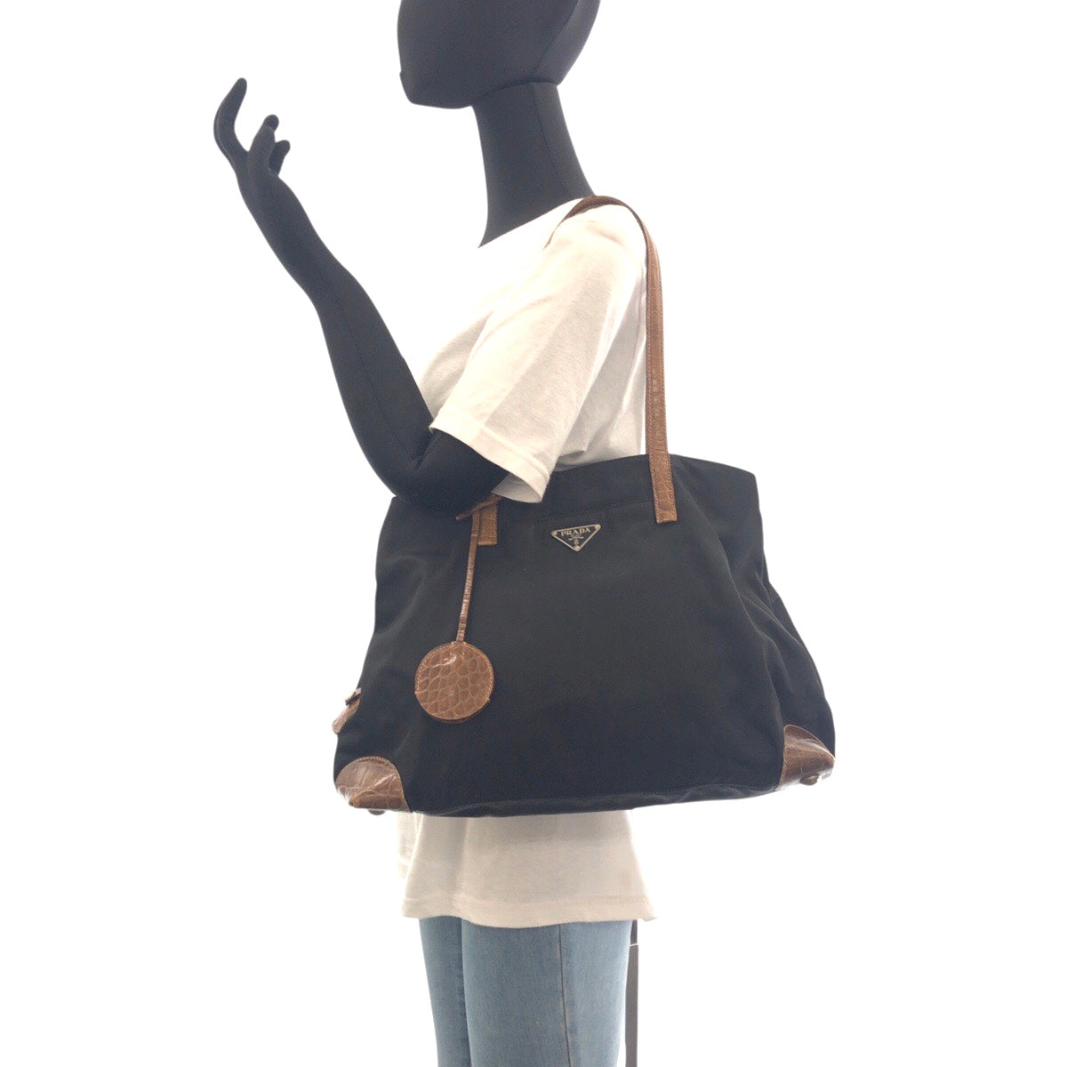 PRADA Shoulder Bag Nylon Black Brown SilverMetal Test Triangle With logo