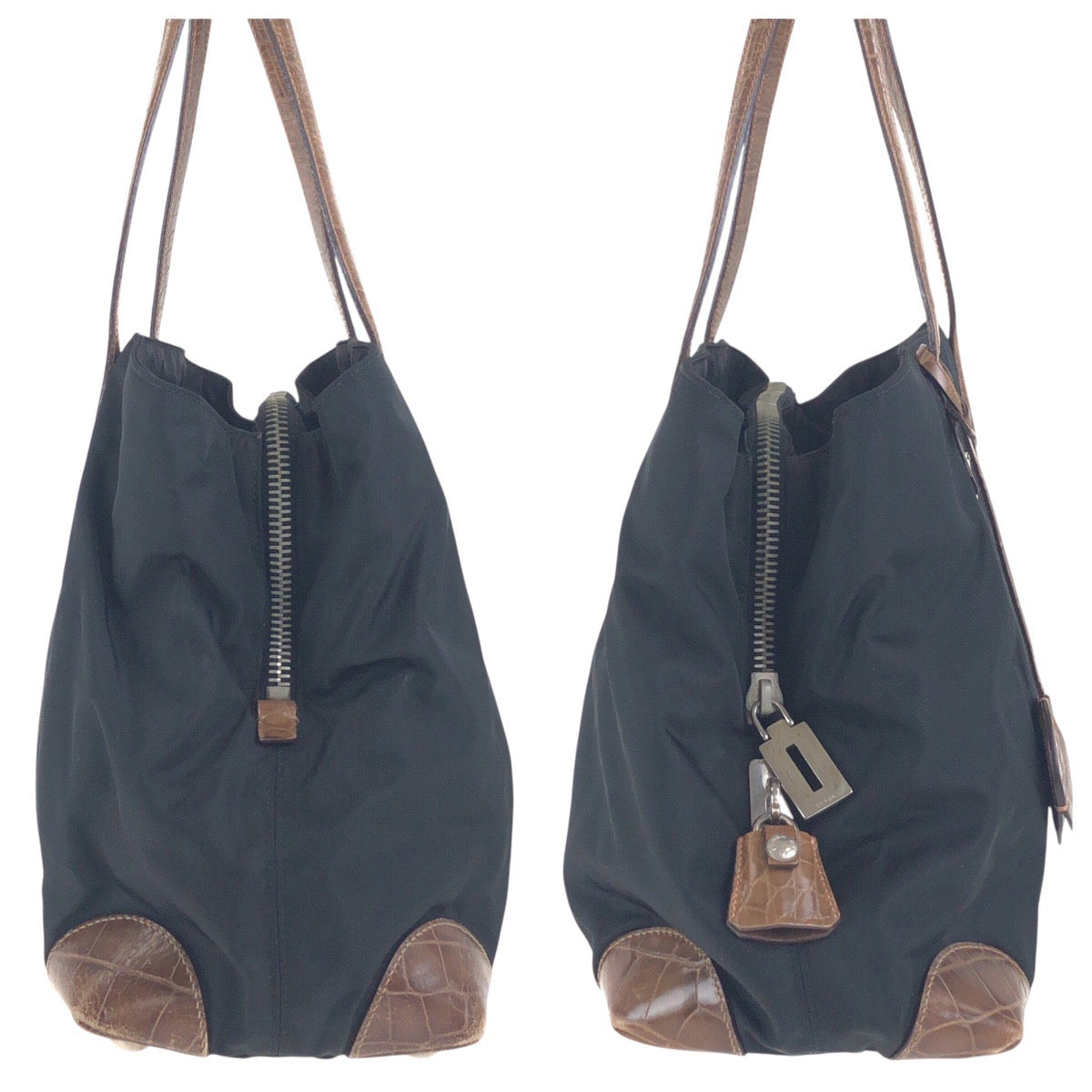 PRADA Shoulder Bag Nylon Black Brown SilverMetal Test Triangle With logo