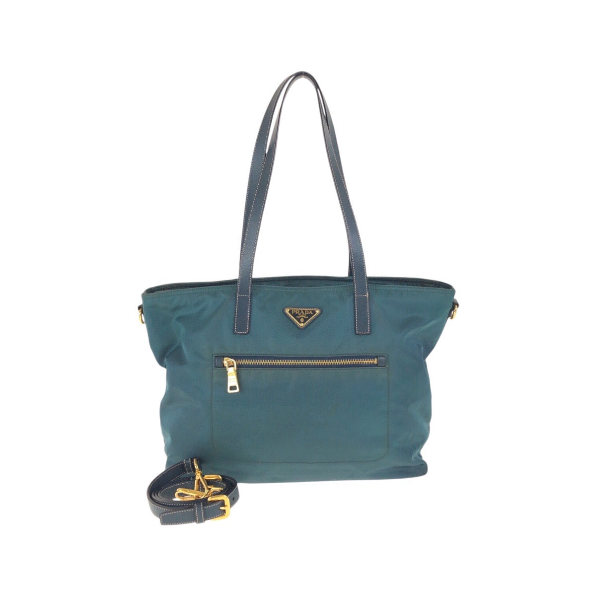 PRADA Tote Bag Nylon Green Navy Gold Metal Test Triangle With logo