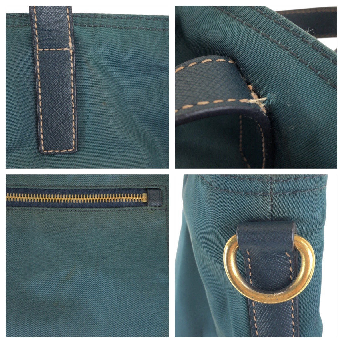 PRADA Tote Bag Nylon Green Navy Gold Metal Test Triangle With logo