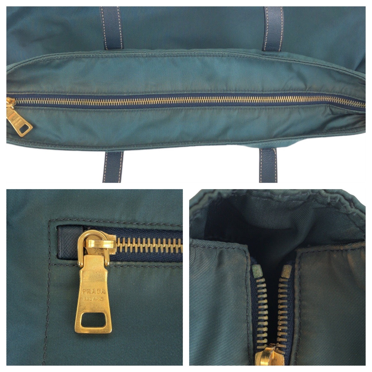 PRADA Tote Bag Nylon Green Navy Gold Metal Test Triangle With logo