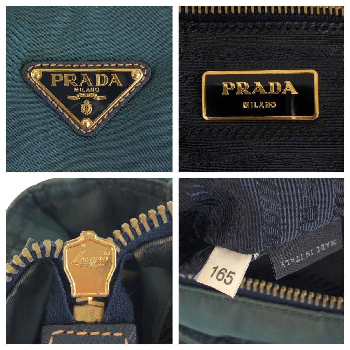 PRADA Tote Bag Nylon Green Navy Gold Metal Test Triangle With logo