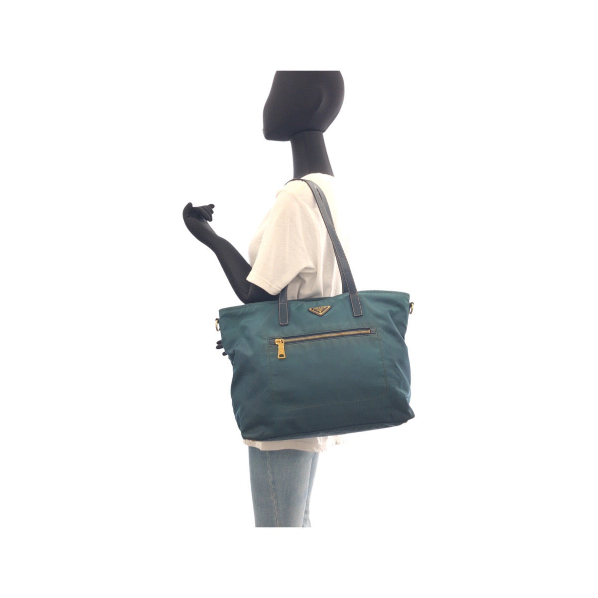 PRADA Tote Bag Nylon Green Navy Gold Metal Test Triangle With logo