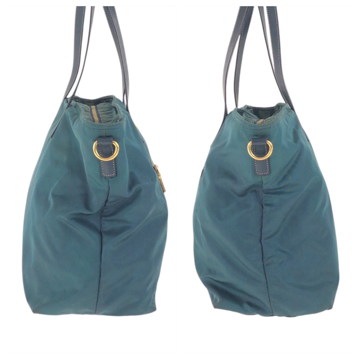 PRADA Tote Bag Nylon Green Navy Gold Metal Test Triangle With logo