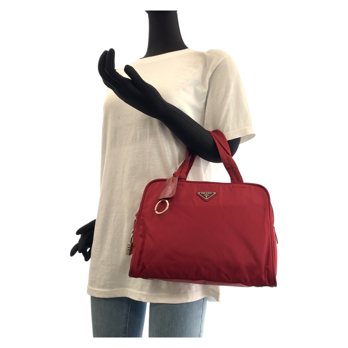 PRADA Tote Bag Nylon Wine Red Bordeaux SilverMetal Test Triangle With logo