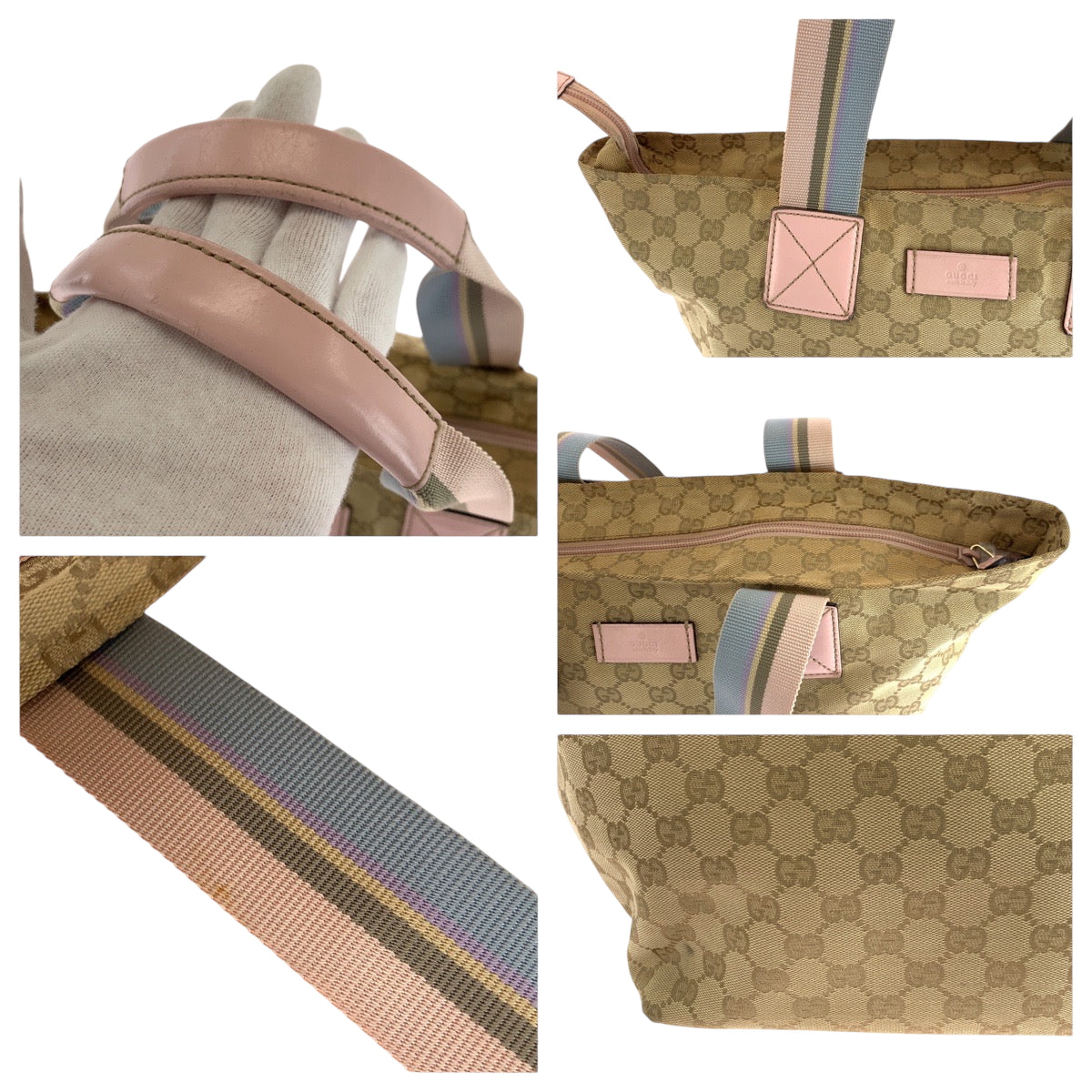 GUCCI Tote Bag 131230 GG canvas Beige Pink Blue Gold Metal