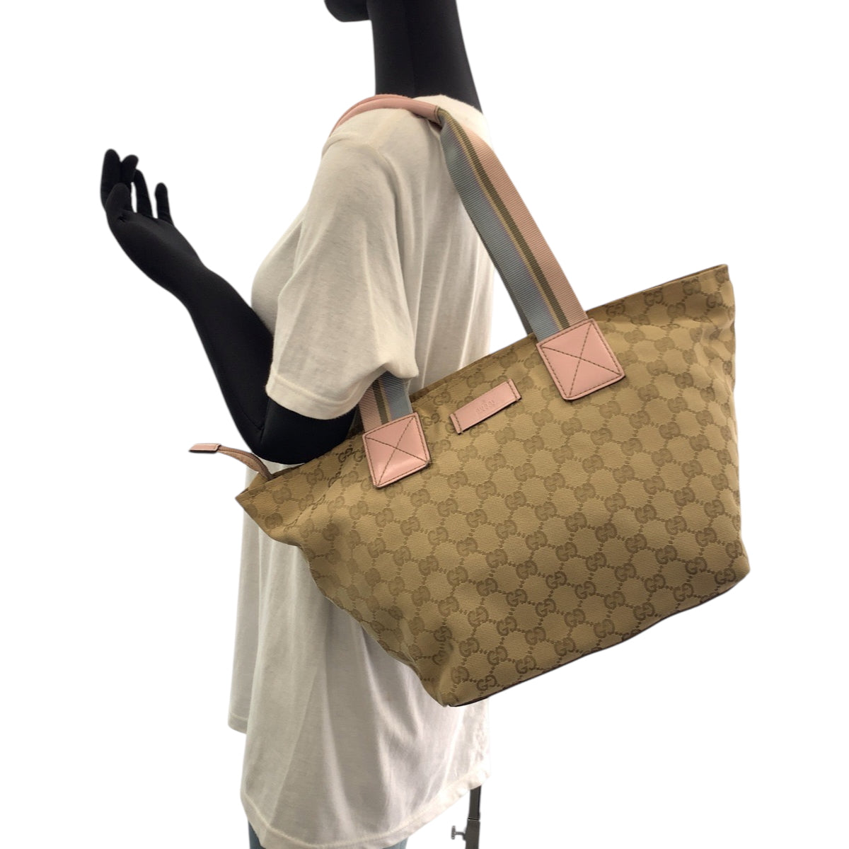 GUCCI Tote Bag 131230 GG canvas Beige Pink Blue Gold Metal