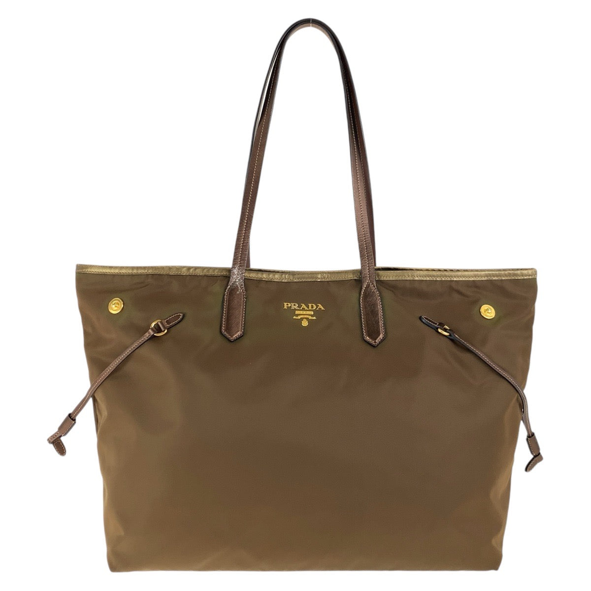 PRADA Tote Bag Nylon Brown Gold Metal Testo Saffiano Triangle With logo